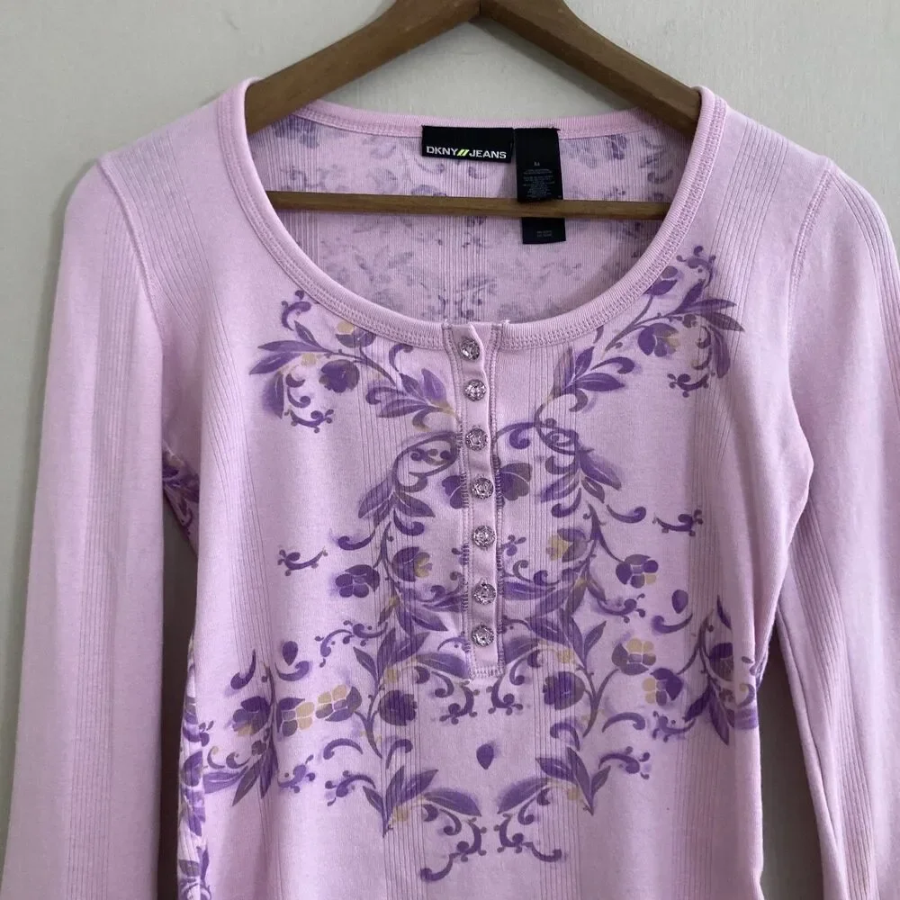 Vintage Fairy 2000s Y2K Henley DNKY Jeans Pink Floral Crystal Buttons Womens S/M - Picture 6 of 8